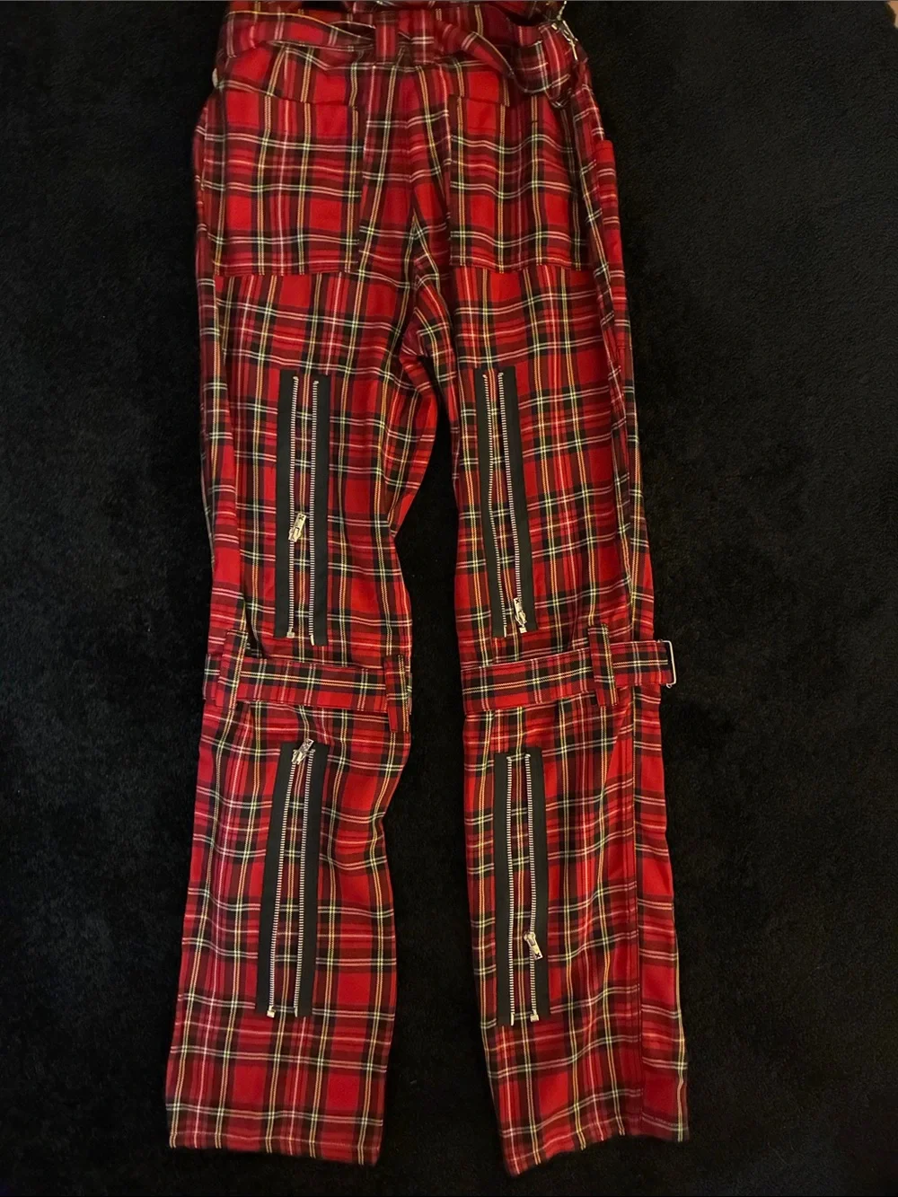 Tripp NYC Mens Red Plaid Kilt Style Punk Bondage Pants Size 30 Kilt Removable